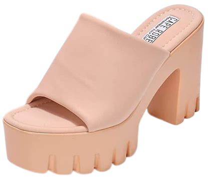 Cape Robbin Echoya Nude Slip On Block Heel Open Round Toe Fashion