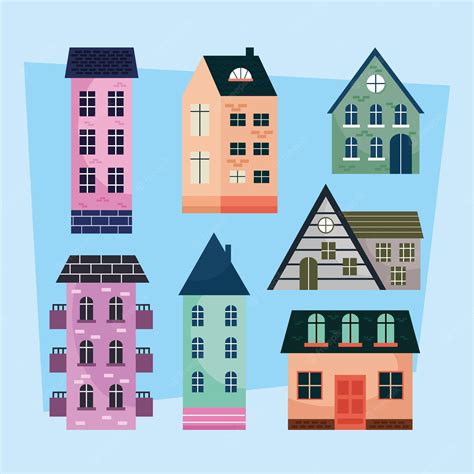 Premium Vector | Seven houses facades icons