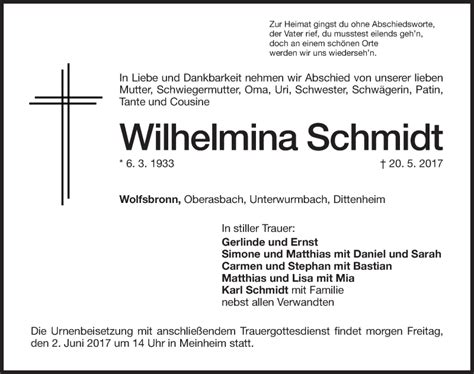 Traueranzeigen Von Wilhelmina Schmidt Trauer Nn De