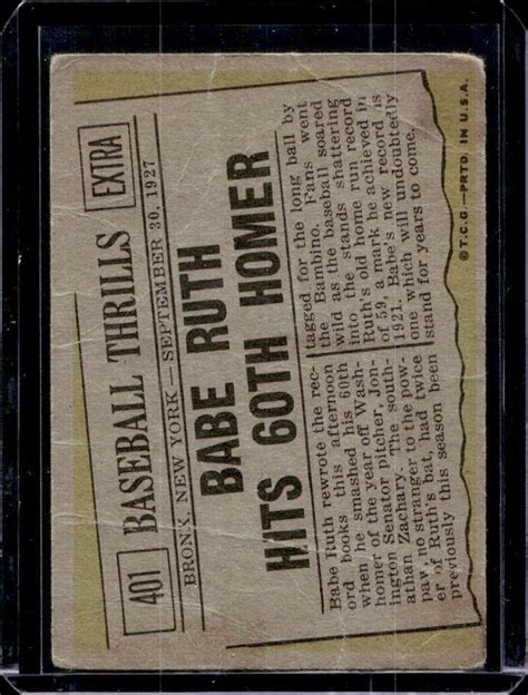 1961 Topps Baseball Thrills Babe Ruth Hits 60th Homer 401 New York