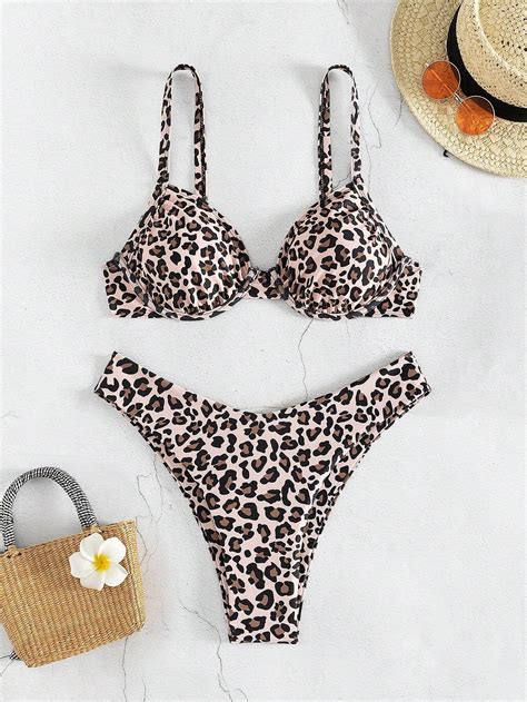 Shein Swim Conjunto De Bikini De Dos Piezas Con Estampado De Leopardo Al Azar Para Vacaciones De