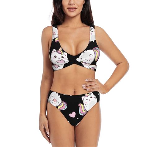 Payohto Women S Cross Front Bikini Set With High Elasticity Soft Padding Cute Baby Cat Caticorn