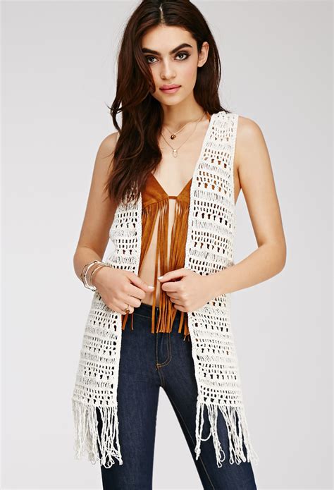 Lyst Forever 21 Fringed Crochet Vest In Natural