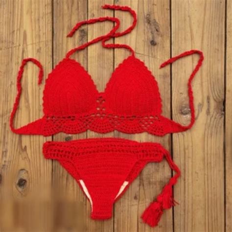 Hand Crafted Swim New Red Push Up Crochet Bikini Swimwear Swimsuit Boho Handmade Tulum