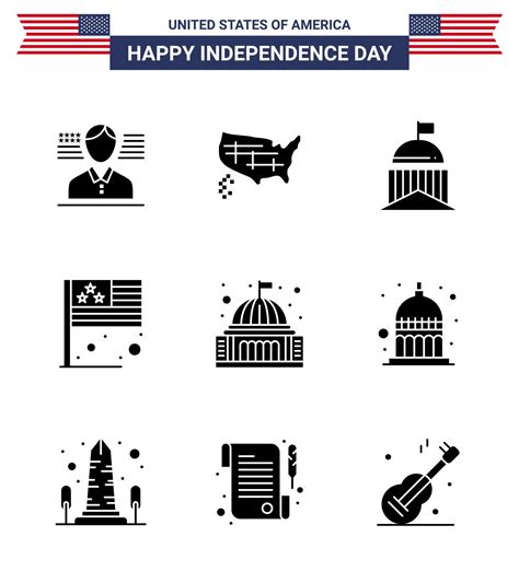 Set Of 9 Modern Solid Glyphs Pack On Usa Independence Day Building Usa Flag Flag Day Editable