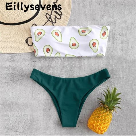 Women S Bikini Set Sexy Fashion Avocados Print Swimsuit Strapless Low Waist Swimming Suit