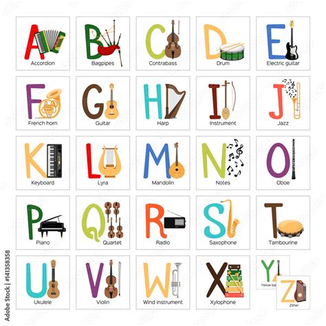 Alphabet with different musical instruments Stock Vector | Adobe Stock