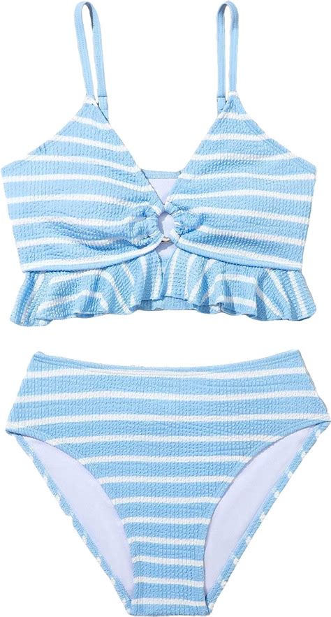 Amazon SweatyRocks Girl S 2 Piece Swimsuit Set Striped Ruffle Hem High Waist Bikini Set