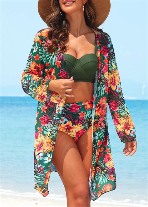 High Waisted Floral Print Three Piece Green Bikini Set Rosewe