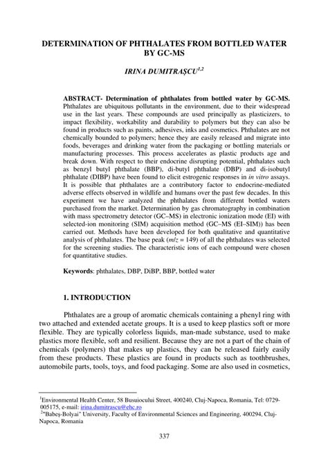 Pdf Determination Of Phthalates From Bottled Water By Gc Ms