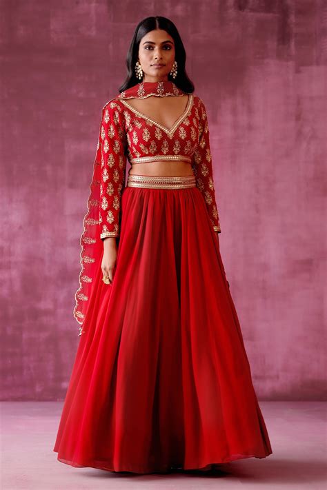 Buy Red Georgette Embroidery Resham Deep V Neck Lehenga Set With Blouse