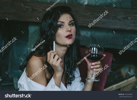 Portrait Brunette Red Lingerie White Shirt Stock Photo