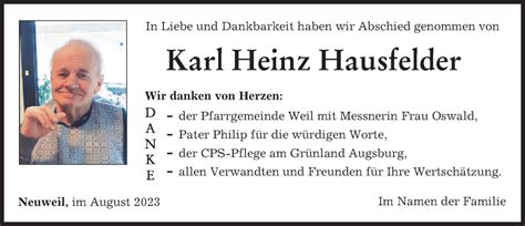 Traueranzeigen Von Karl Heinz Hausfelder Augsburger Allgemeine Zeitung