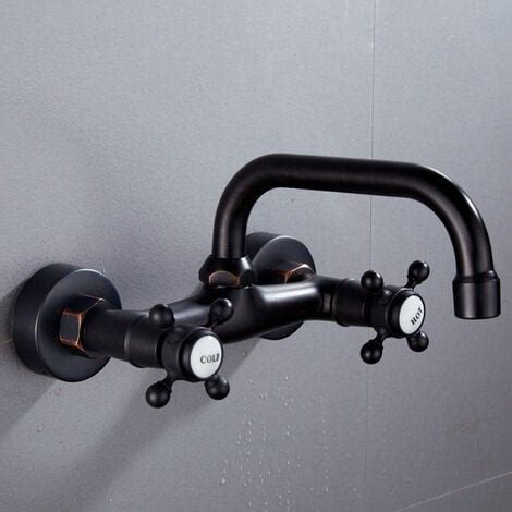 Alwayshmatte Black Kitchen Faucet Wall Mount Adjustable Center Spout Dual Cross Handles Hot And