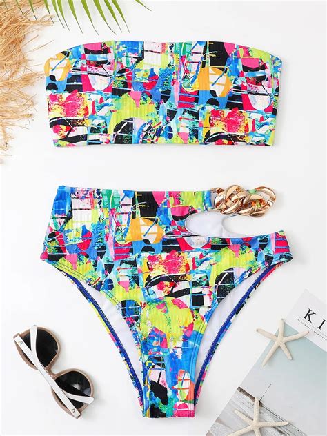 S XL Sexy Bandeau Ribbed High Waist Bikini Female Swimsuit Women Swimwear Two Pieces Bikini