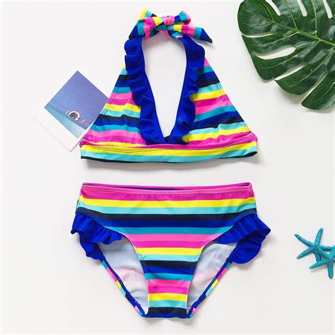 Regenbogen Striped Print Bikini Baby Bademode Teen Vicedeal