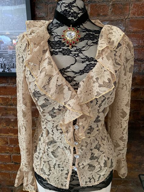 Romantic Nude Beige Frilly Ruffle Collar Lace Blouse With Rhinestone Buttons Classy Sexy