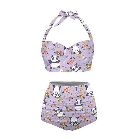 Purple Panda And Flowers Two Piece Bikini Swimsuit Sexy Printed Push Up