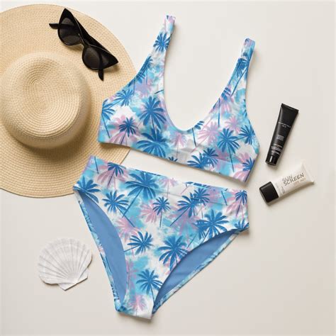 His And Hers Couples Swimsuits Blue And Pink Palm Print Bikini Set And Swim Trunks Recycled