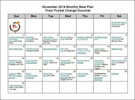 November Monthly Meal Plan 2014 Recipe Pocket Change Gourmet