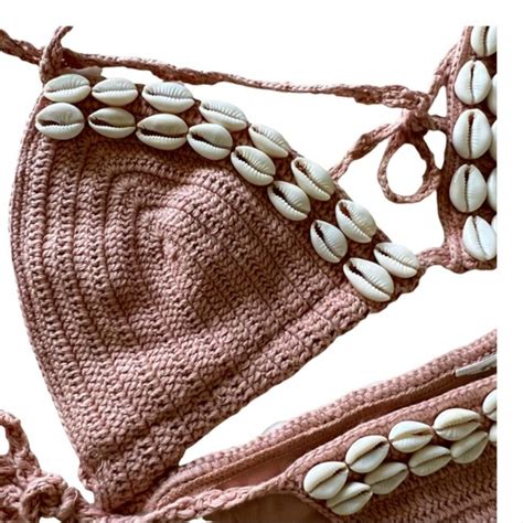 Pink Nude Crochet Seashell Bikini Swimwear Size S A Depop