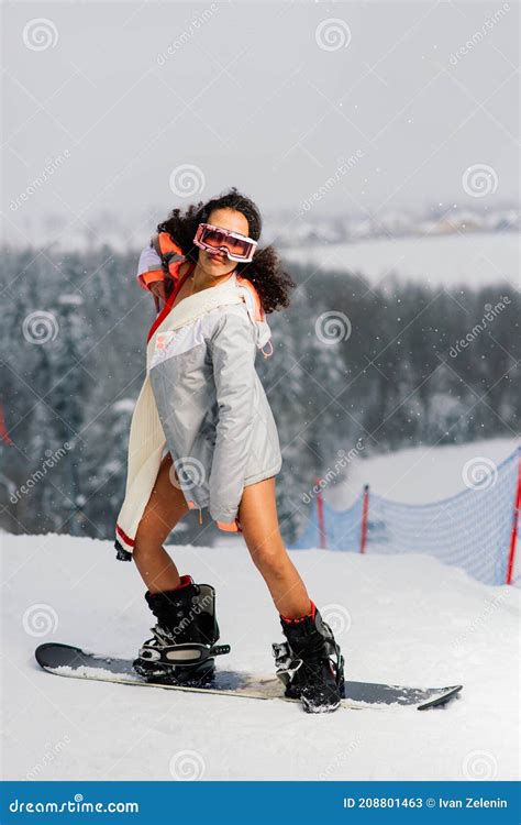 Snowboarder Woman In Swimsuit Winter Sport Activities Lady Wearing Bikini Stock Image Image Of