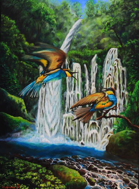 Birds at the waterfall - oil painting