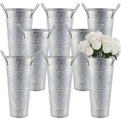 Zeonhei 8 Pack 9 Inch Tall Galvanized Flower Bucket Silver Farmhouse French