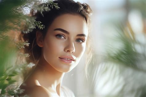 Premium AI Image Portrait Of A Lovely Mysterious Brunette Against A Background Of Plants