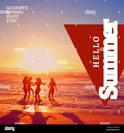 Composite Of Hello Summer Text And Silhouette Diverse Friends Enjoying