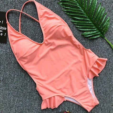 V Neck Bather 2018 Sexy Pink Ruffled Frill Trim One Piece Swimsuit Women Swimwear Female Bathing