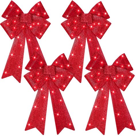 WILLBOND 4 Pcs LED Christmas Wreaths Bow 24 x 12'' Red Bow Lighted