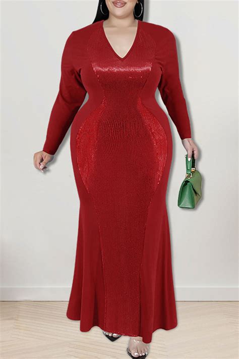 Wholesale Red Sexy Solid Sequins Patchwork V Neck Long Sleeve Plus Size