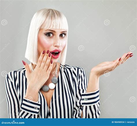 Surprised Fashion Model Woman Showing Empty Copy Space Stock Photo Image Of Copyspace Blonde