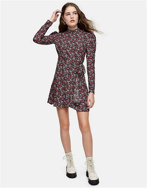 Topshop Floral Print Wrap Mini Dress In Multi Asos