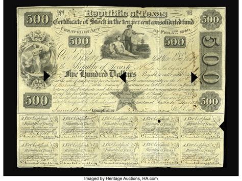 Austin, TX- Republic of Texas Government Bond $500 Bonds 1840-41 | Lot