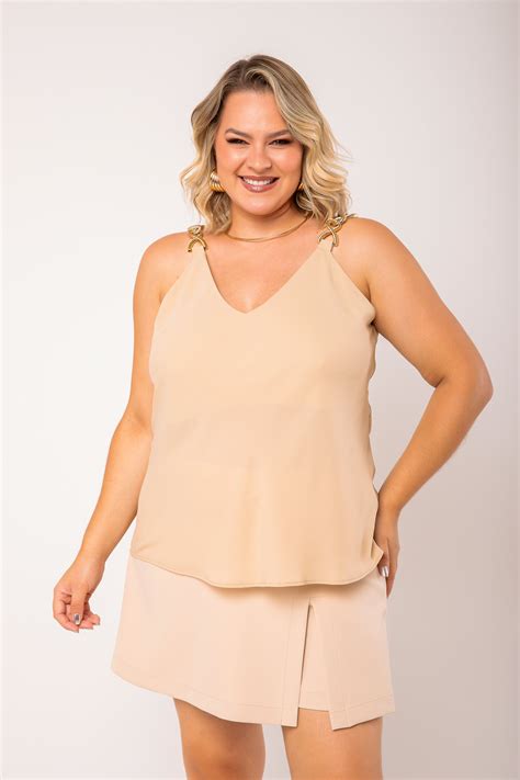 Regata Aviamento Dourado Nude Rery Roupa Feminina Plus Size