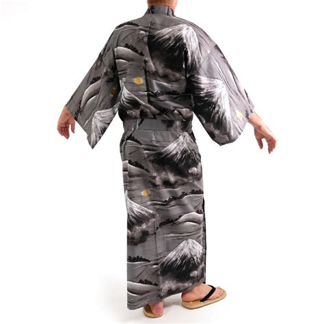 Japanischer Herren Yukata Kimono Schwarz FUJI Der Fuji