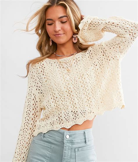 Willow And Root Scalloped Pointelle Cropped Sweater Womens Sweaters In