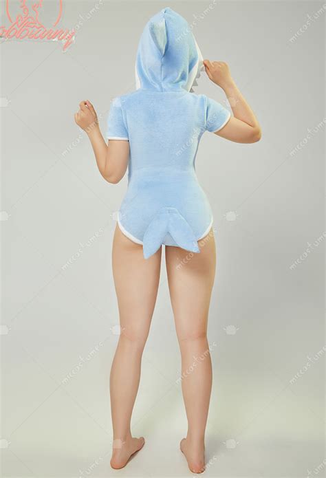 Kawaii Bodycon Romper Homewear Blue Shark Comfy Sexy Lingerie Hooded Bodysuit Top Quality