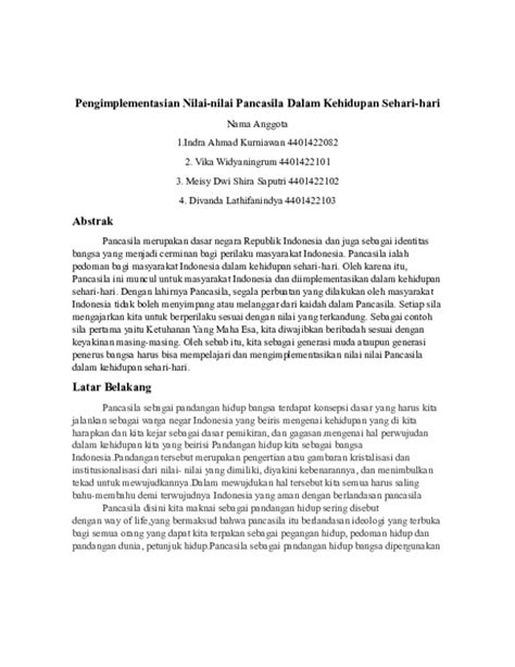 Pdf Pengimplementasian Nilai Nilai Pancasila Dalam Kehidupan Sehari Hari