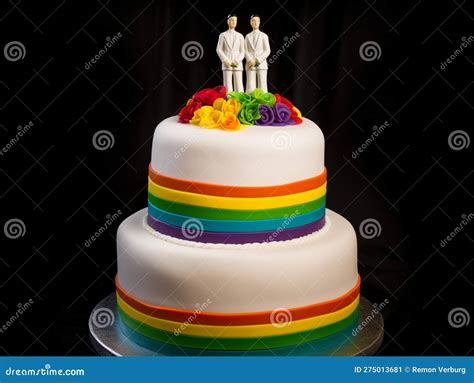 Pastel De Boda Blanca Con Colores Arcoiris Y Pareja Gay Arriba Dos Grooms Lgbtq Stock De