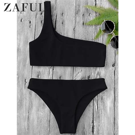 ZAFUL One Shoulder Bikini Top And Bottoms Wire Free Elastic Low Waisted