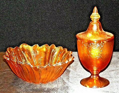 Compote With Lid And Lily Ponds Sunflower Candy Dish Carnival Glass