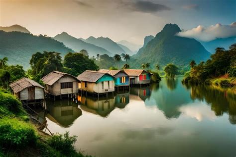 Premium Ai Image A Digital Painting Of Houses On The Water With