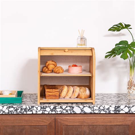 Bamboo Bread Box For Kitchen Countertop 2 Layer Large Capacity Bread