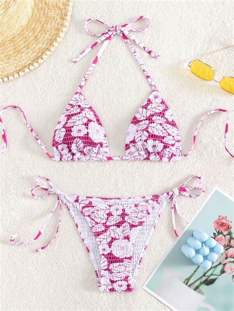 Shein Swim Mod Floral Print Bikini Set Smocked Halter Triangle Bra Tie Side Bottom Piece