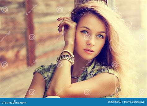 Portrait Of Blonde Woman At The Wooden Background Stock Photo Image Of Background Look