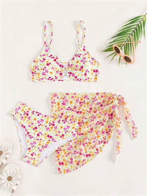 Chica Adolescente Ba Ador Bikini Con Estampado Floral Con Falda De Playa Moda De Mujer Shein