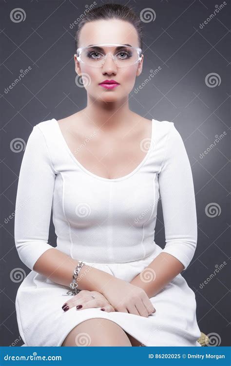 Fashion Concepts And Ideas Straight Portrait Of Caucasian Brunette Woman In Glasses Against
